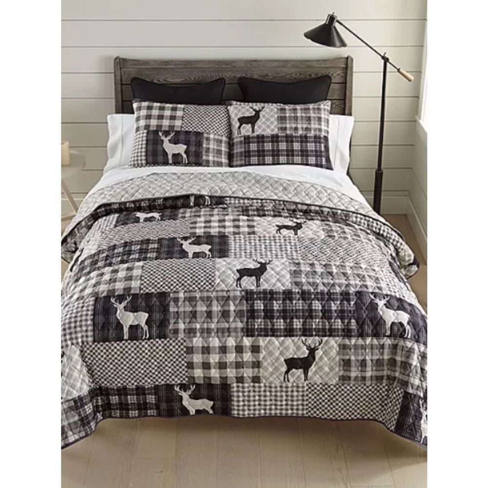 Country Cabin Patchwork Printed Queen Quilt Set Buck Deer Hunter Lodge Woods